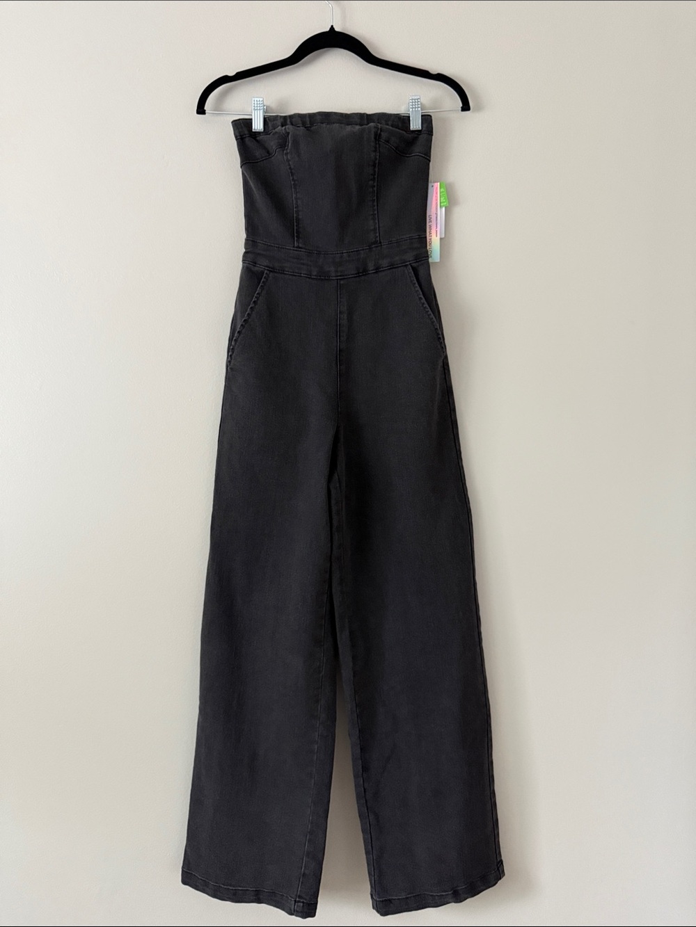 Strapless Wide-Leg Jumpsuit in Charcoal Gray Jean material